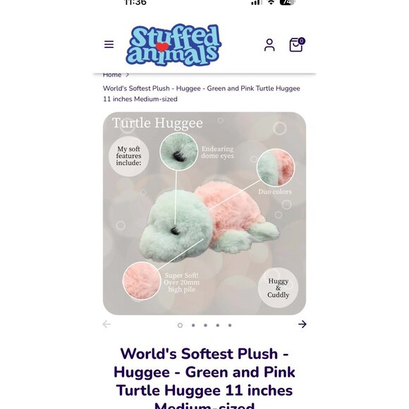 World's Softest Plush Turtle Huggee 11 inches Green Pink NWT Cuddly Lovey - Picture 3 of 12